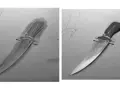 Dos dibujos de un cuchillo, uno en proceso y otro realista con brillo.