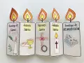 Manualidad Semana Santa niños: velas con dibujos de Domingo de Ramos, Jueves Santo, Viernes Santo, Sábado Santo y Domingo de Resurrección.