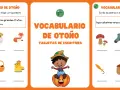 Tarjetas de escritura para aprender vocabulario de otoño: almendras, cesta, botas, girasoles, frutos, zorro, hoja, calcetines, erizo, paraguas, setas, bellota.