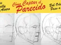Tres etapas para dibujar hojas de rostros, mostrando la construcción geométrica y el detalle.