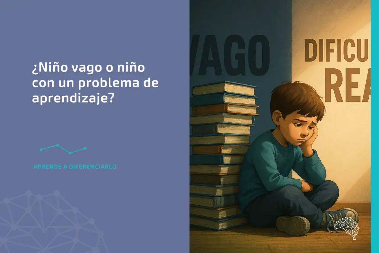 Un niño triste sentado junto a una pila de libros, con las palabras "VAGO" y "DIFICULTAD REAL" detrás. ¿Es un niño vago o tiene un problema de aprendizaje?