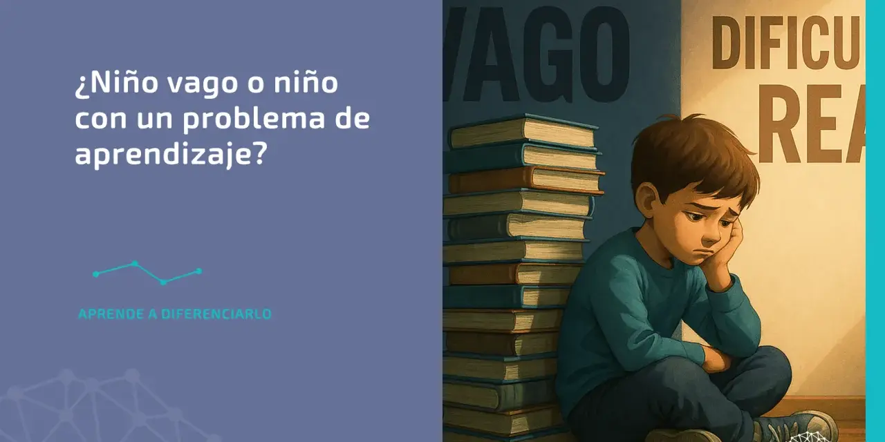 Un niño triste sentado junto a una pila de libros, con las palabras "VAGO" y "DIFICULTAD REAL" detrás. ¿Es un niño vago o tiene un problema de aprendizaje?