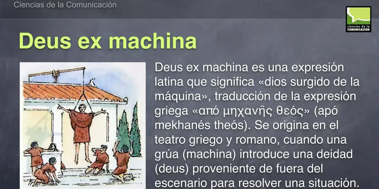 Ilustración de una grúa antigua bajando a un actor vestido de dios al escenario, un ejemplo de deus ex machina.