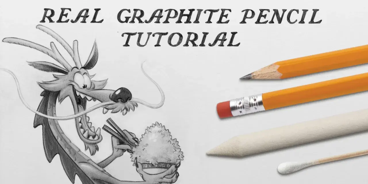 Dibujos a lápiz de un dragón comiendo, junto a lápices y herramientas de arte. Tutorial de grafito.