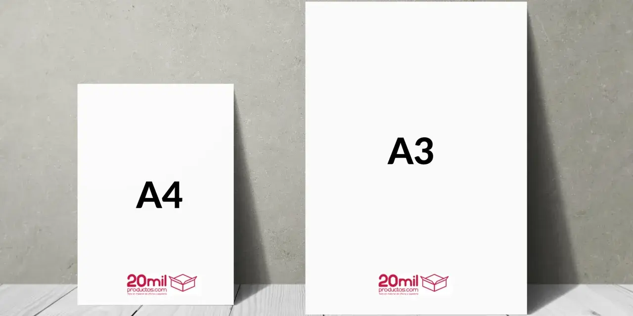 Dos folios blancos, uno con la etiqueta "A4" y otro más grande con "A3", muestran diferentes medidas de papel.