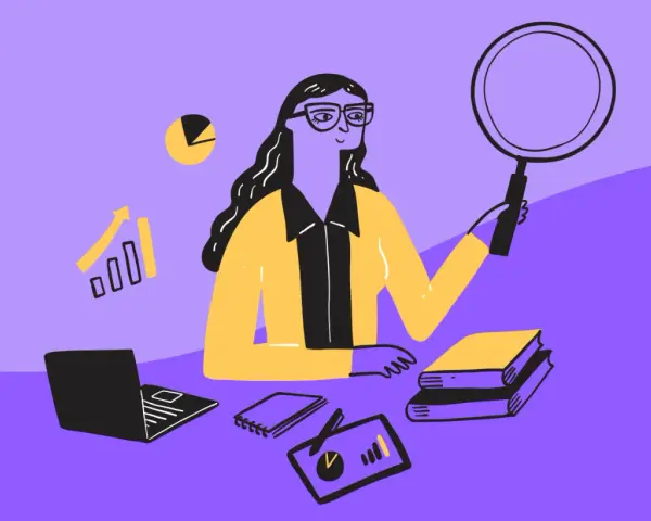 Mujer con lupa investiga datos, gráficos y libros. ¿Qué tipo de palabra es porque?