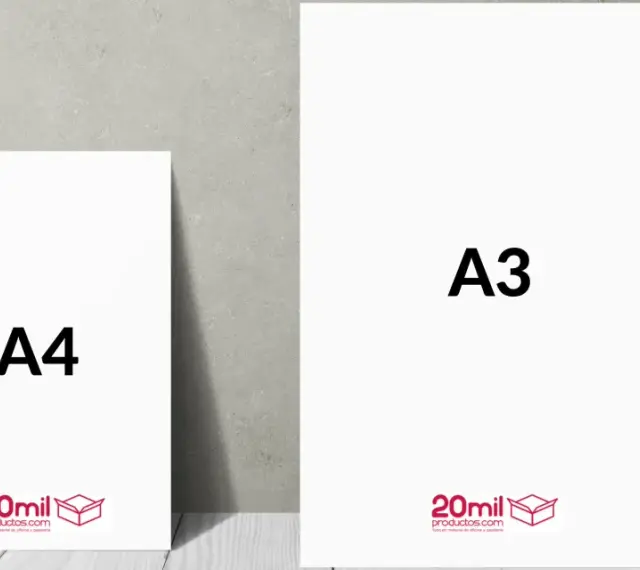 Dos folios blancos, uno con la etiqueta "A4" y otro más grande con "A3", muestran diferentes medidas de papel.
