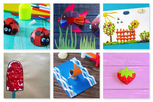 Manualidades de verano: mariquitas de cartulina, peces de CD, paisaje de plastilina, helado, barco y fresa.