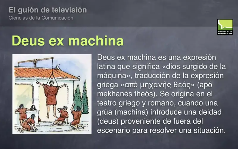 Ilustración de una grúa antigua bajando a un actor vestido de dios al escenario, un ejemplo de deus ex machina.