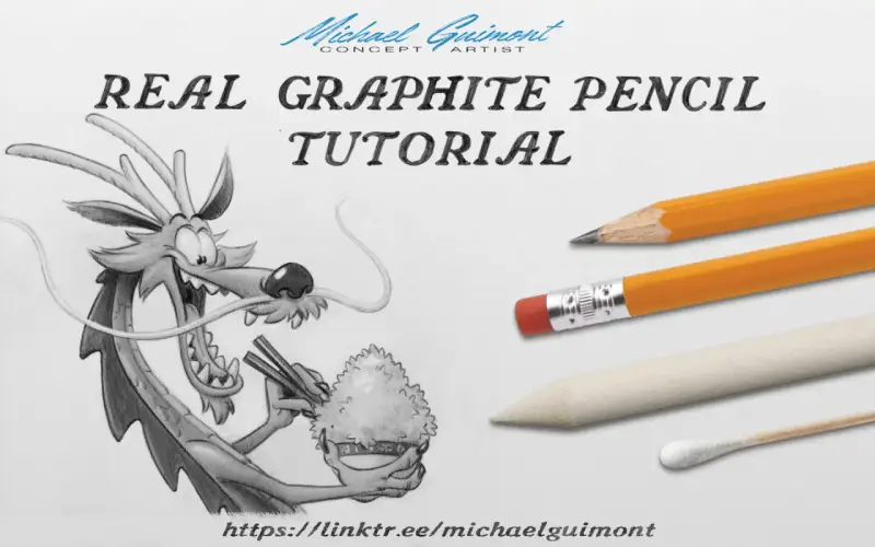 Dibujos a lápiz de un dragón comiendo, junto a lápices y herramientas de arte. Tutorial de grafito.